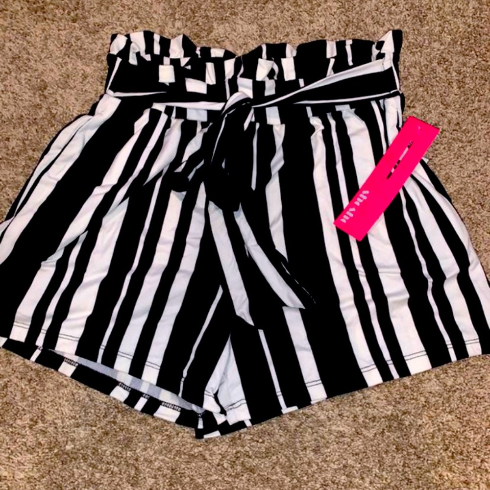 Black Striped High Waste Shorts with Tie